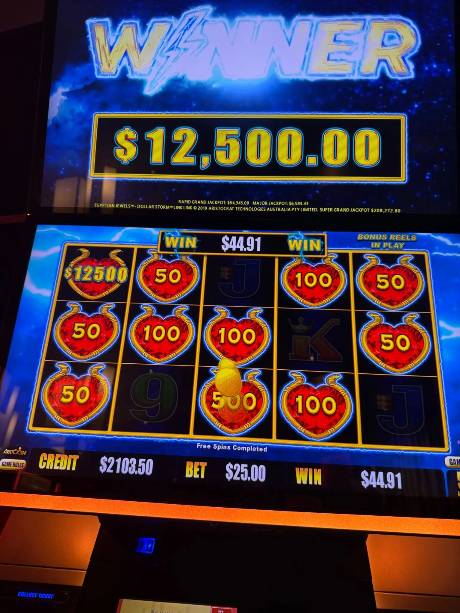 Slot machine win — $12,500